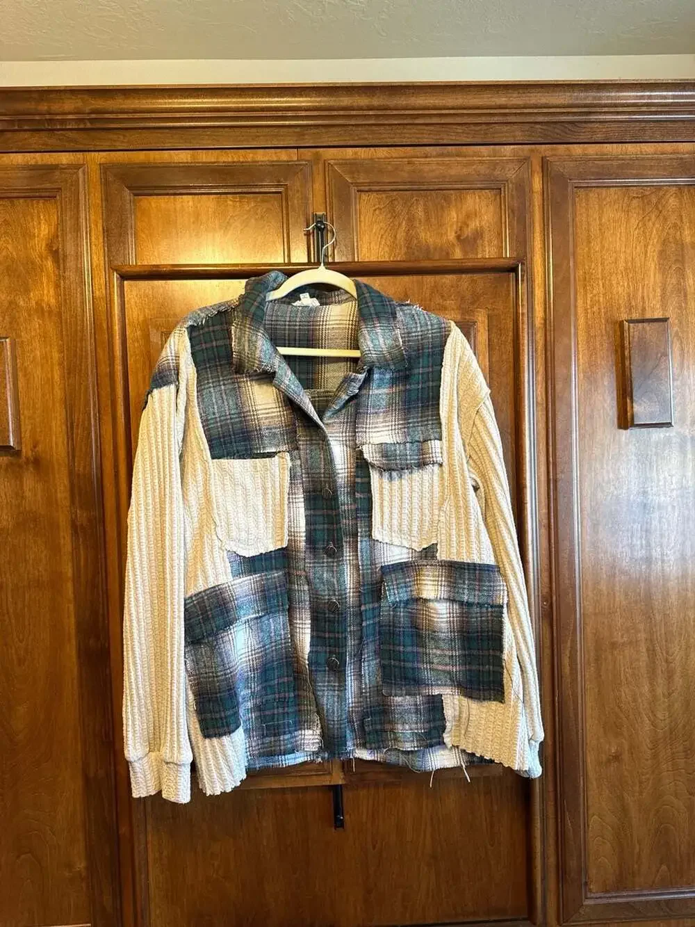 POL Plaid Patchwork Corduroy Accent Shacket Jacket
